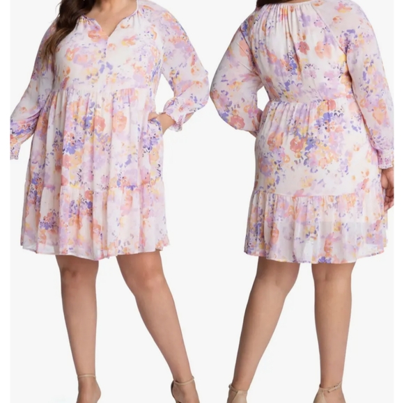 adyson parker XL Floral Tiered Puff Long Sleeve Strawberry Cream Dress - Picture 1 of 11
